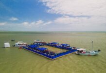 Piscina flutuante no mar do Paraíba World Beach Games sedia torneio de polo aquático